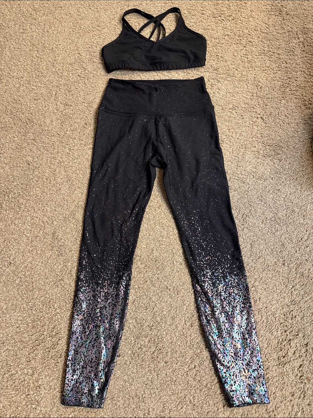 Beyond Yoga Black High-Waist Leggings and Bra Set with Iridescent Sequin Ombre
